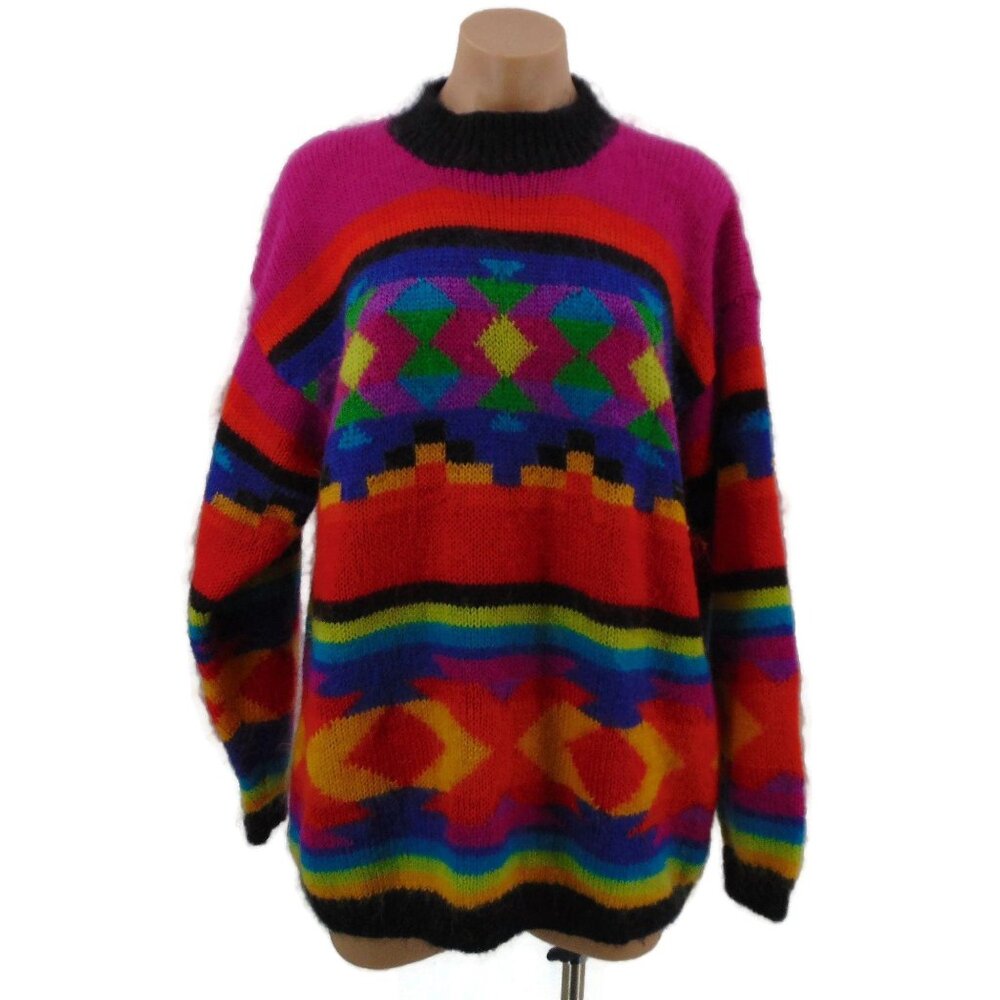 Workshop Fenn Wright Manson Mohair Blend Sweater M Vintage 80s Geometric Pink
